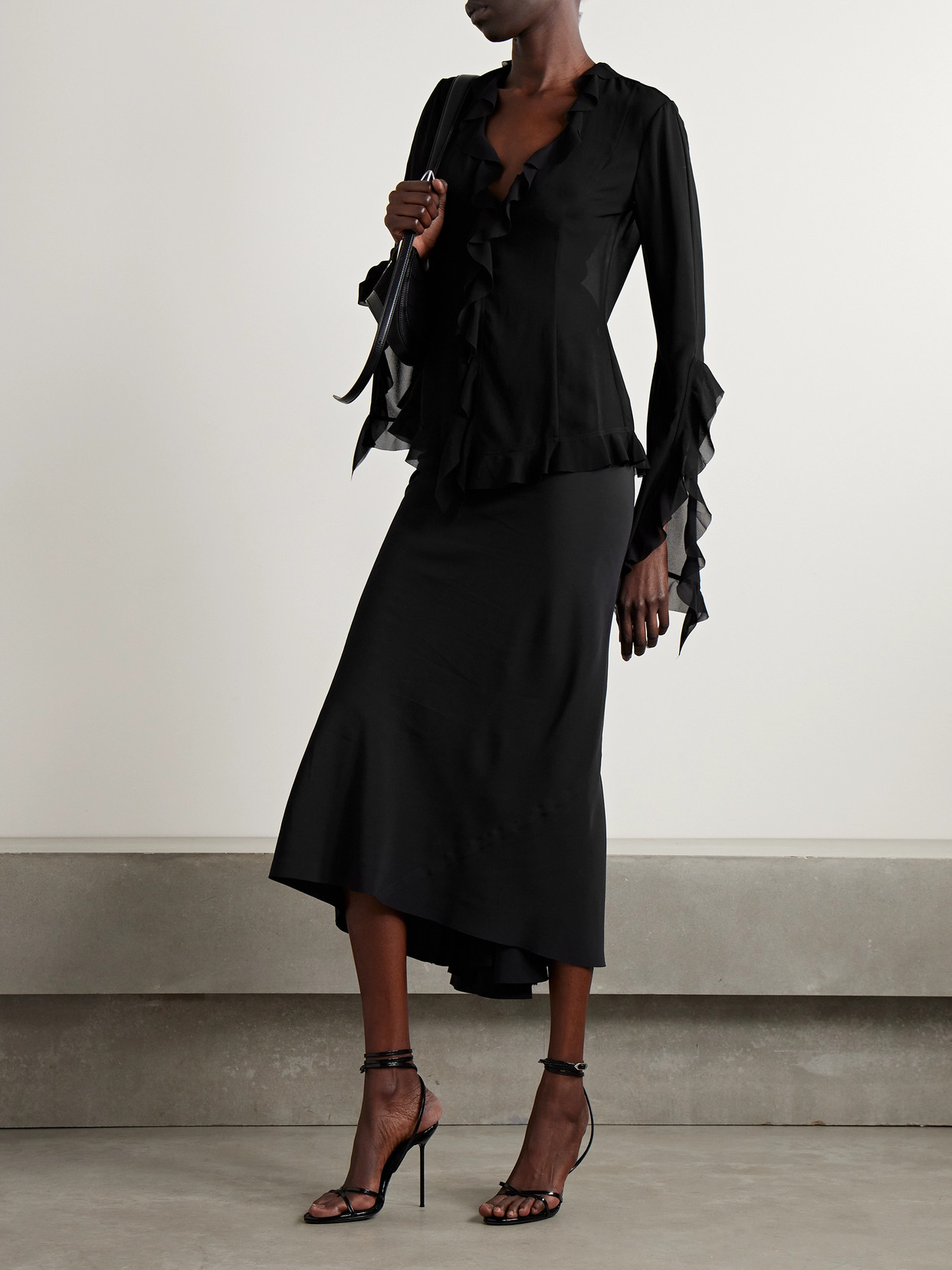 Rick Owens Ribbed Knit-paneled Crepe De Chine Midi Skirt In Black