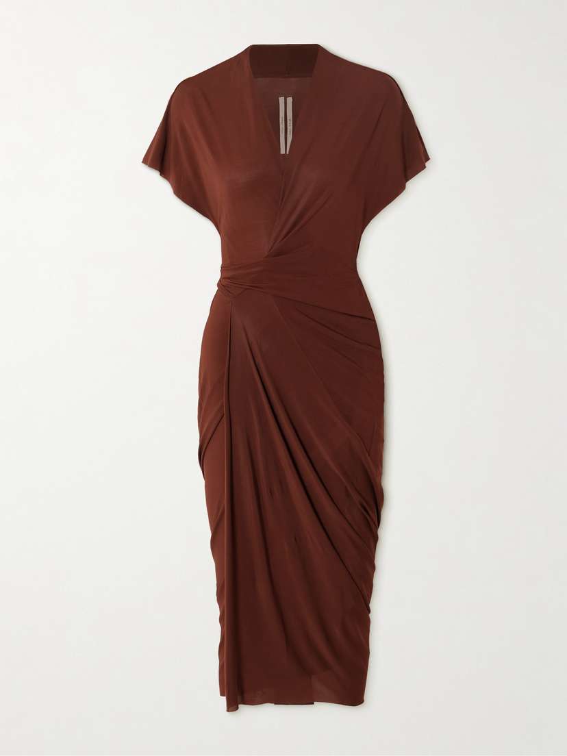 Rick Owens Asymmetric Gathered Wrap-effect Jersey Midi Dress