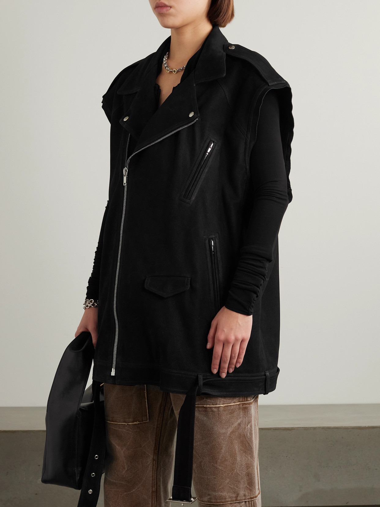 Belted Oversized Suede Biker Jacket