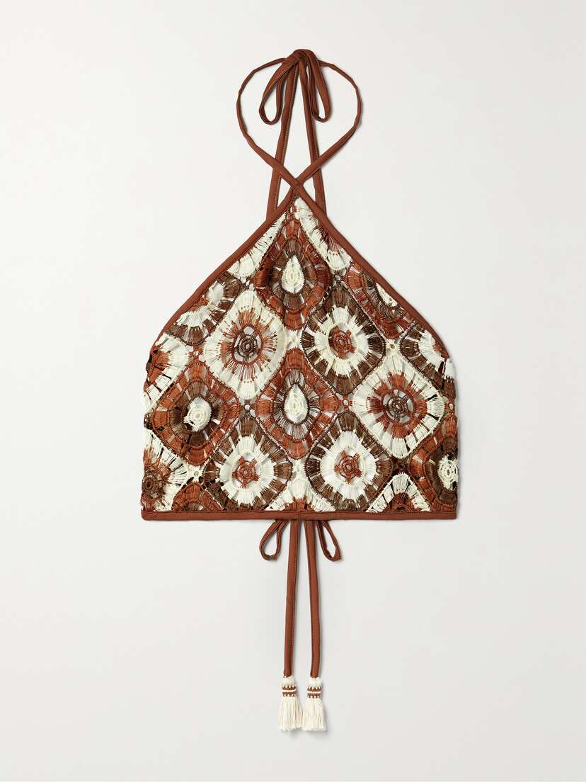 Johanna Ortiz + Net Sustain Pwani Cropped Crocheted Halterneck Top