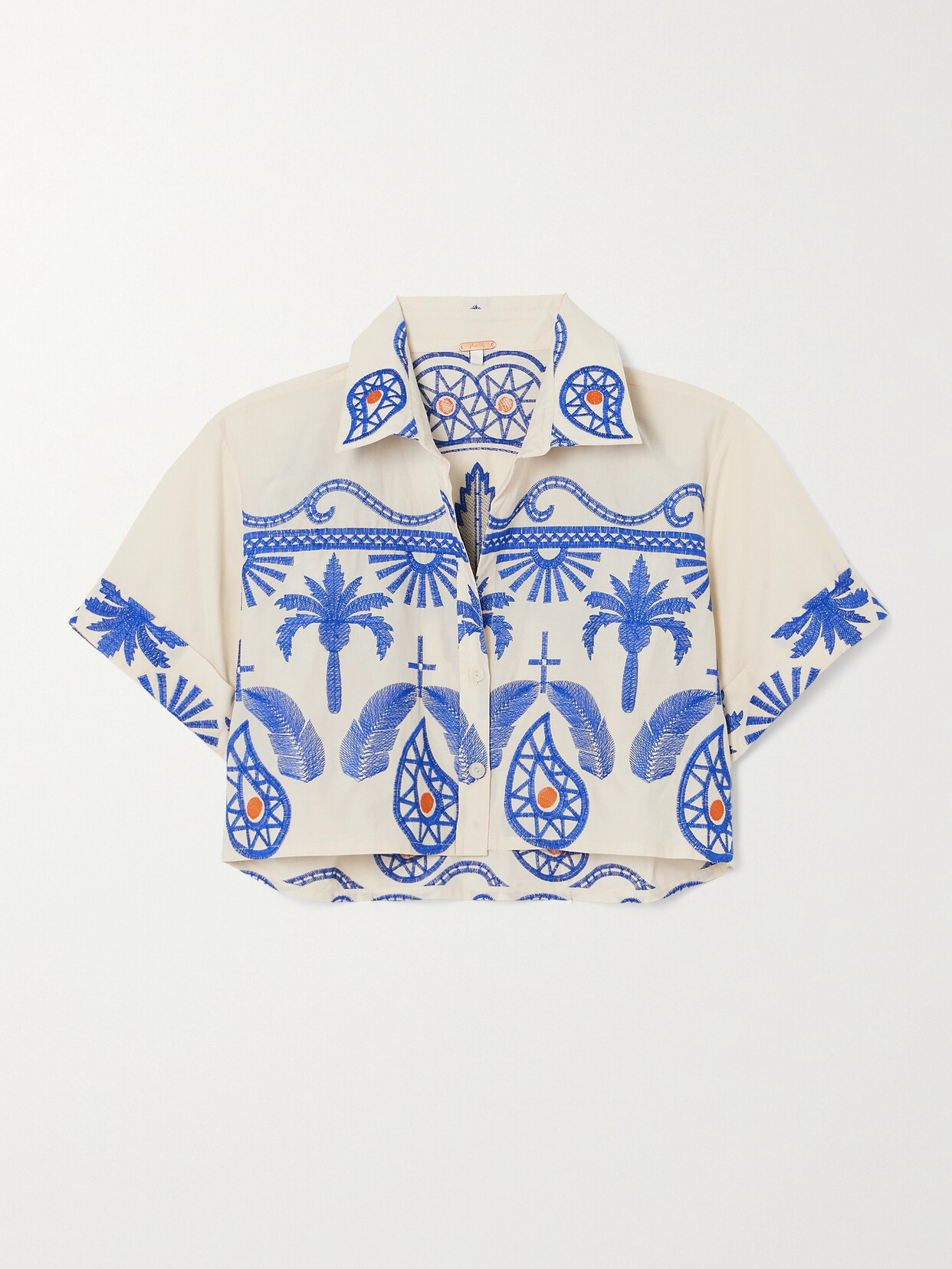 Shop Johanna Ortiz + Net Sustain Manyattas Cropped Embroidered Cotton-blend Shirt In Blue