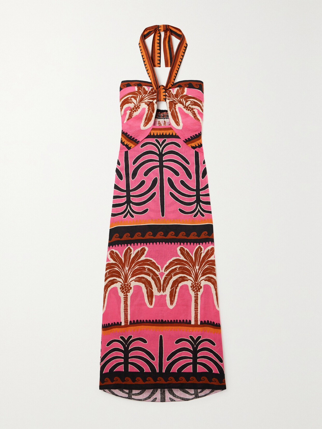 Shop Johanna Ortiz + Net Sustain Unexpected Symbolism Cutout Printed Linen Halterneck Midi Dress In Pink