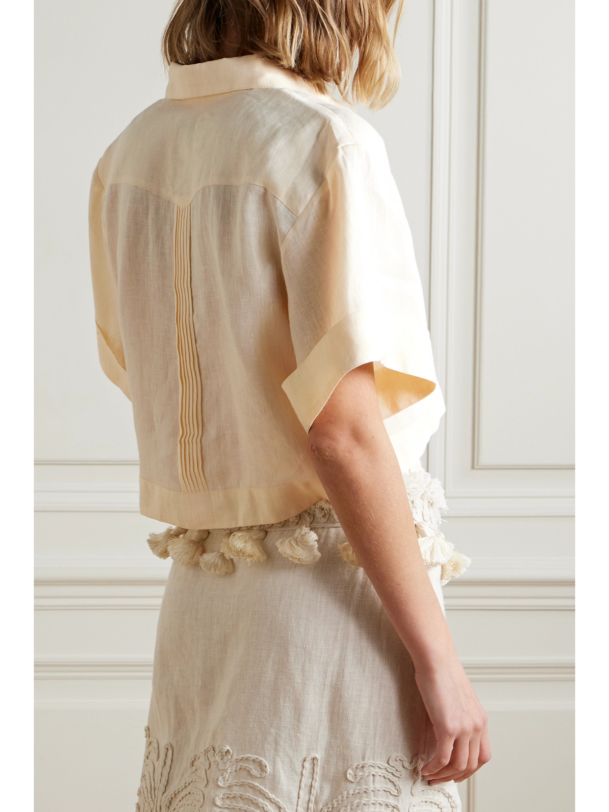 Shop Johanna Ortiz + Net Sustain Manyatta Cropped Pleated Organic Linen Shirt In Ecru