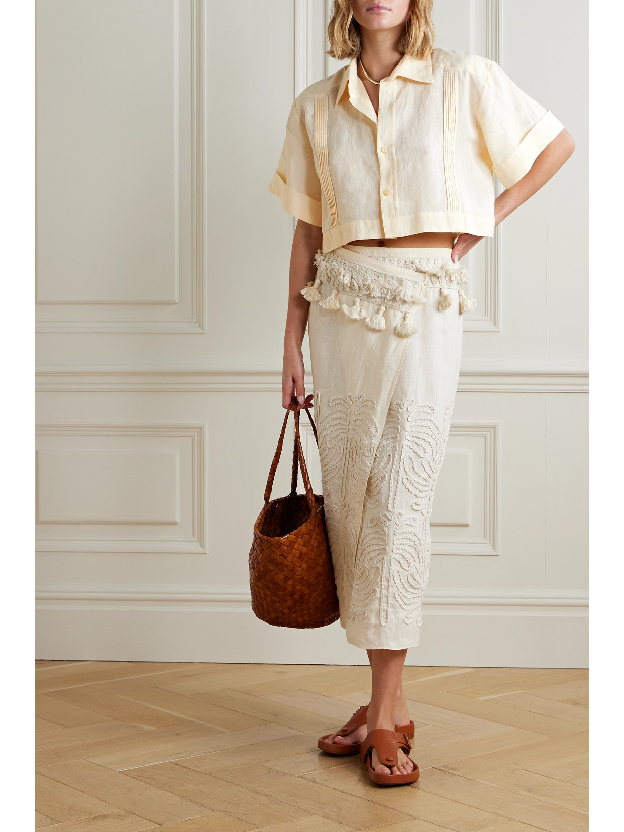 Shop Johanna Ortiz + Net Sustain Manyatta Cropped Pleated Organic Linen Shirt In Ecru