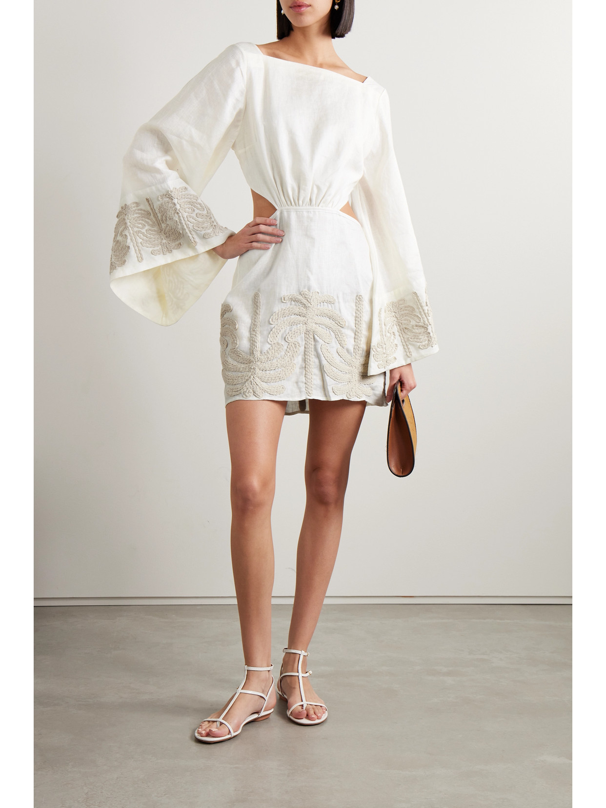 Shop Johanna Ortiz + Net Sustain Shared Present Embroidered Linen And Cotton-blend Mini Dress In Ecru