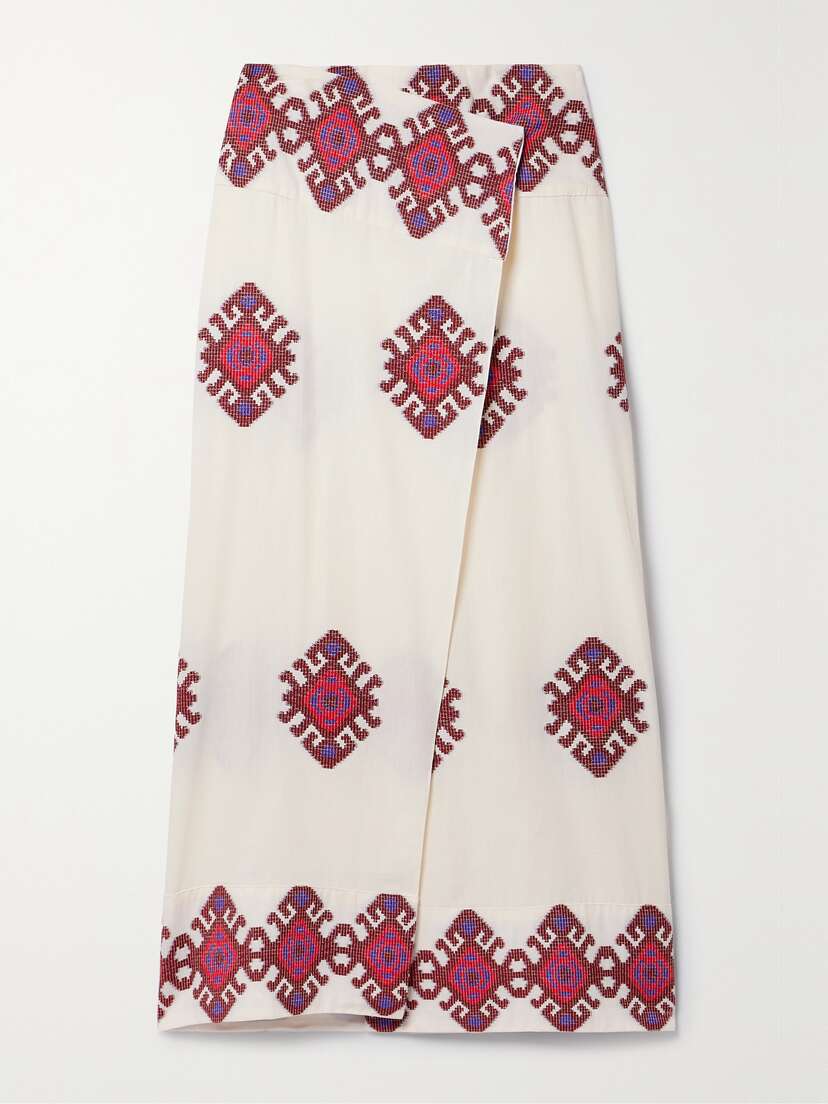Johanna Ortiz + Net Sustain Beauty Abounds Embroidered Cotton Midi Wrap Skirt