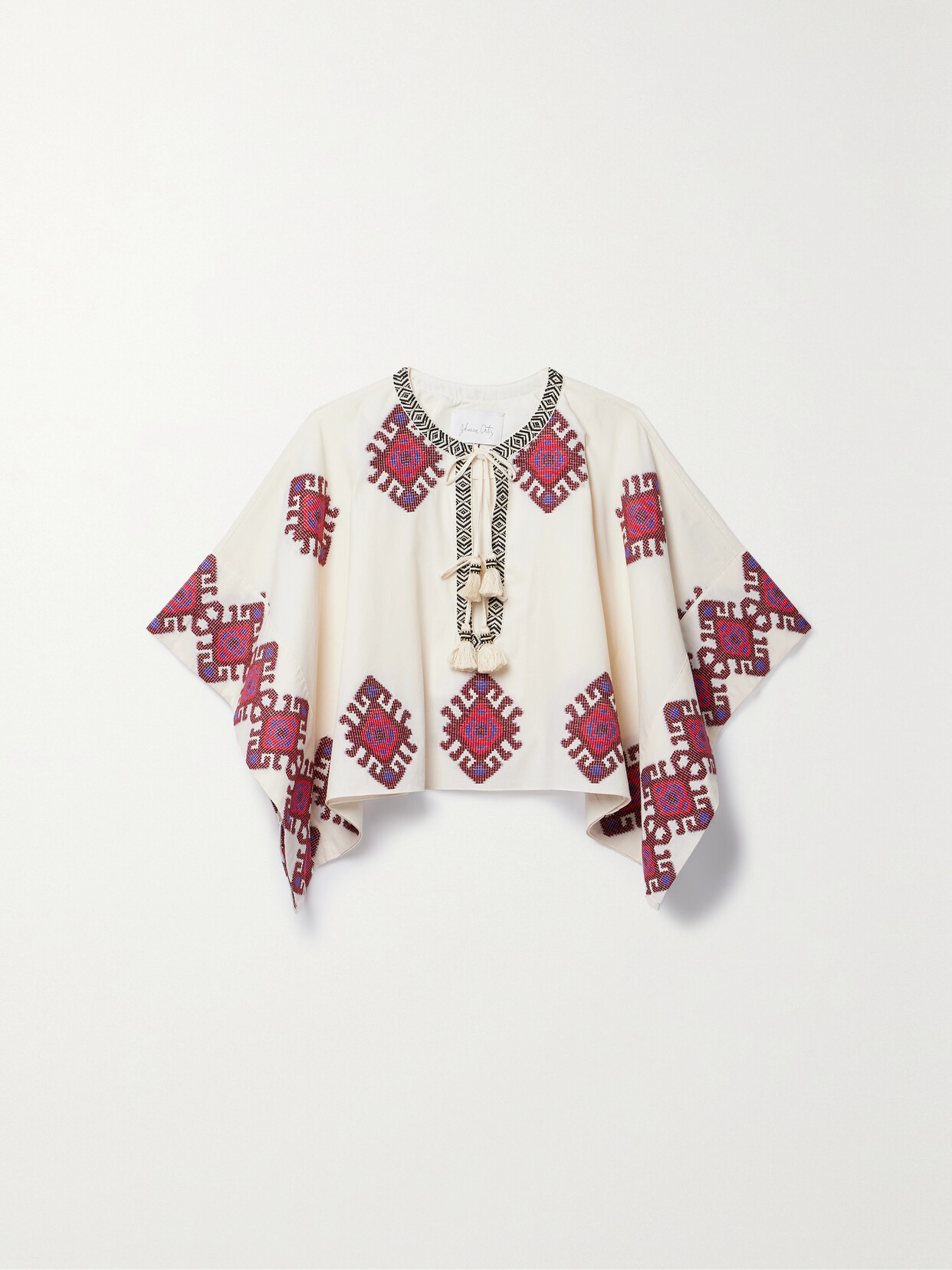 Johanna Ortiz + Net Sustain Bushveld Tie-detailed Embroidered Cotton Poncho - Ecru