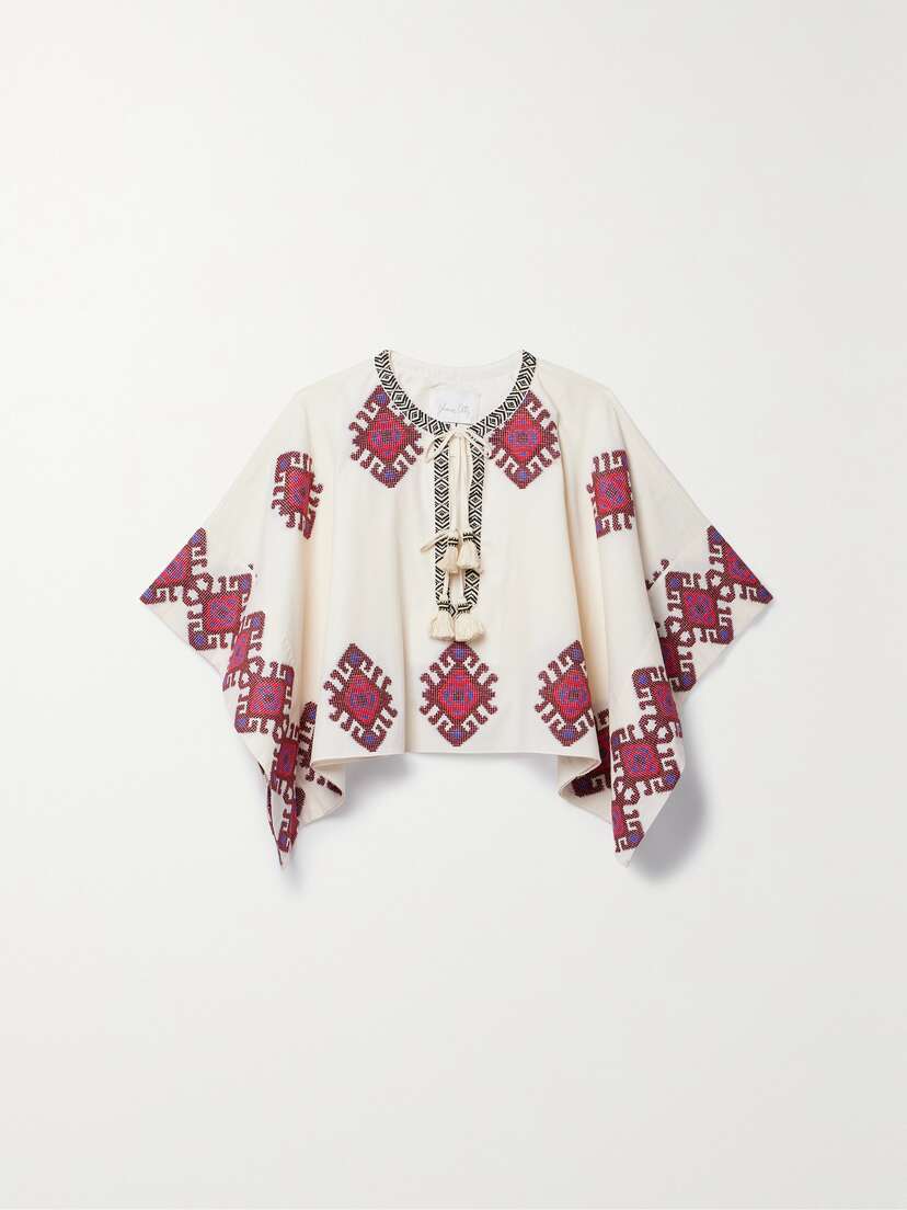 Johanna Ortiz + Net Sustain Bushveld Tie-detailed Embroidered Cotton Poncho