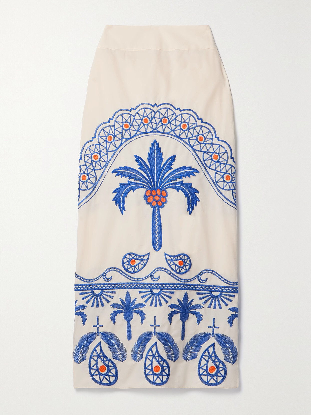 Shop Johanna Ortiz + Net Sustain Nature Walk Embroidered Cotton-blend Midi Skirt In Blue