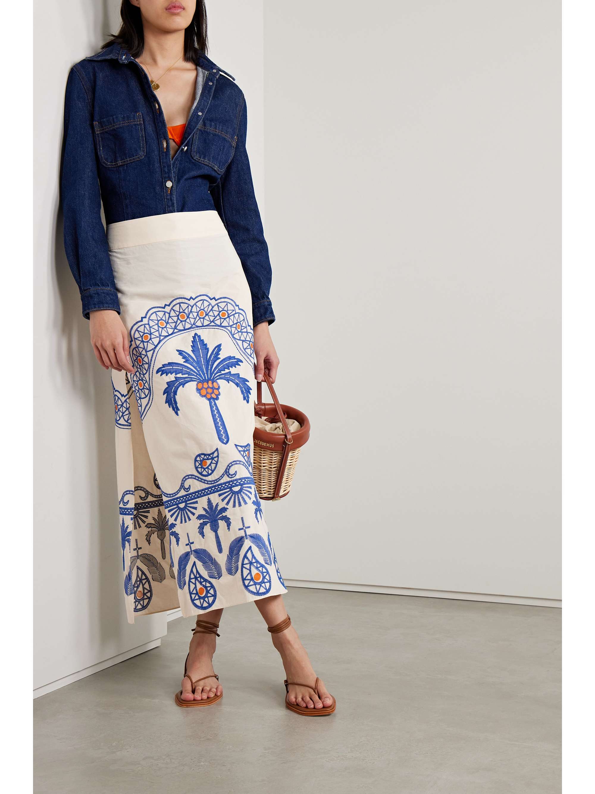 JOHANNA ORTIZ + NET SUSTAIN Nature Walk embroidered cotton-blend midi skirt  | NET-A-PORTER