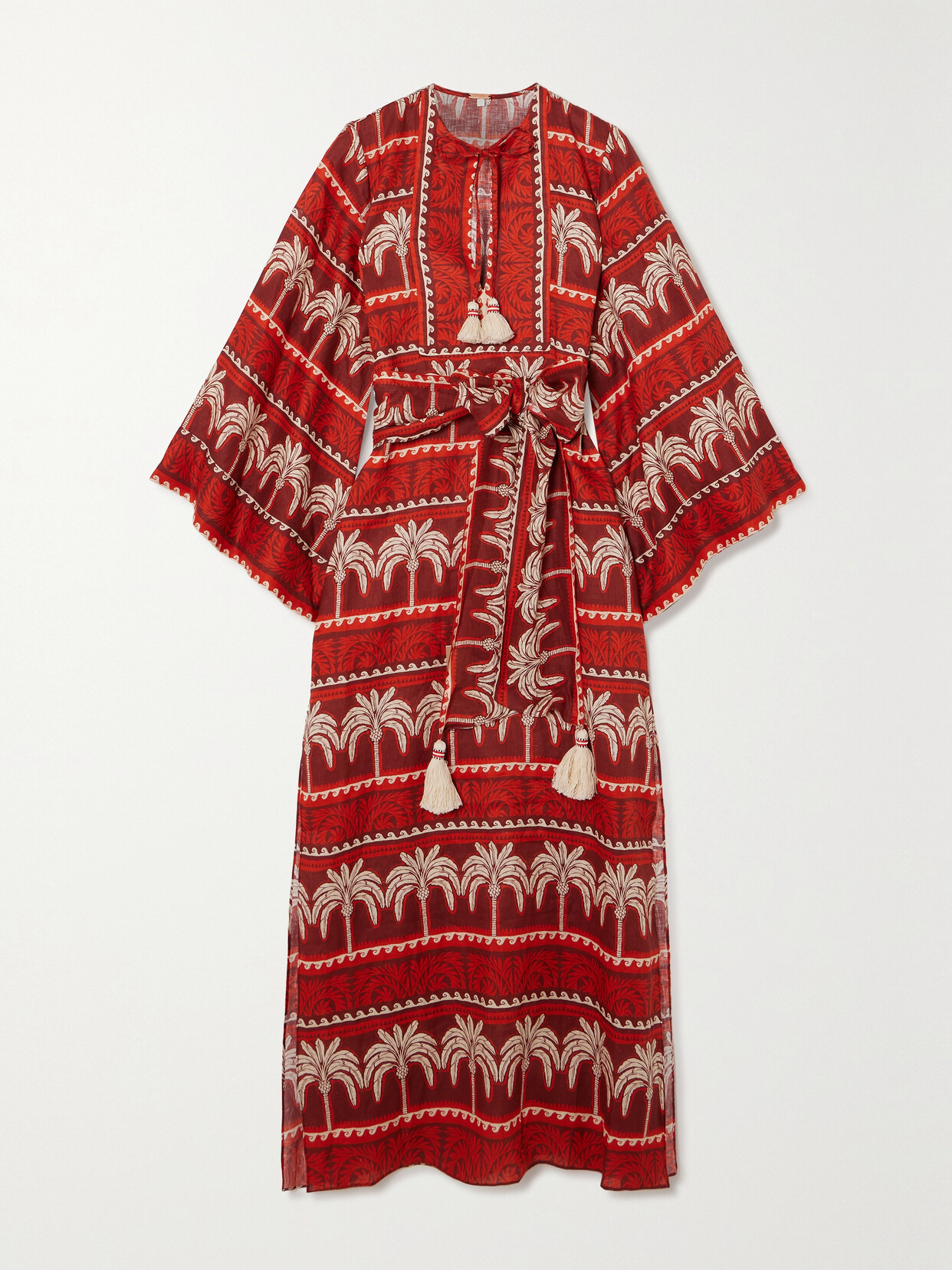 Shop Johanna Ortiz + Net Sustain Wild Savannah Belted Tasseled Printed Linen Dress In Red