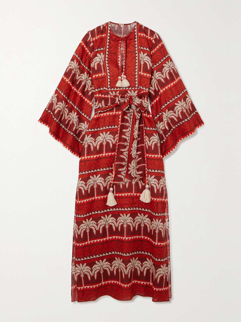 Johanna Ortiz + Net Sustain Wild Savannah Belted Tasseled Printed Linen Dress