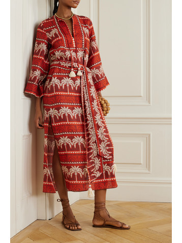 Johanna Ortiz + NET SUSTAIN Wild Savannah belted tasseled printed linen dress
