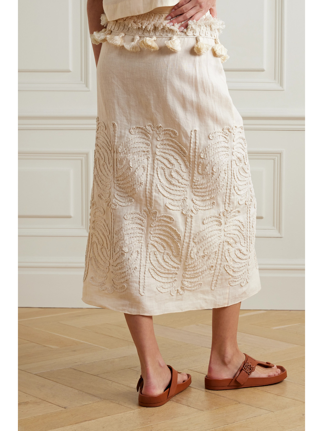 Shop Johanna Ortiz + Net Sustain Tansania Sun Tassled Embroiderd Linen And Cotton-blend Midi Wrap Skirt In Ecru