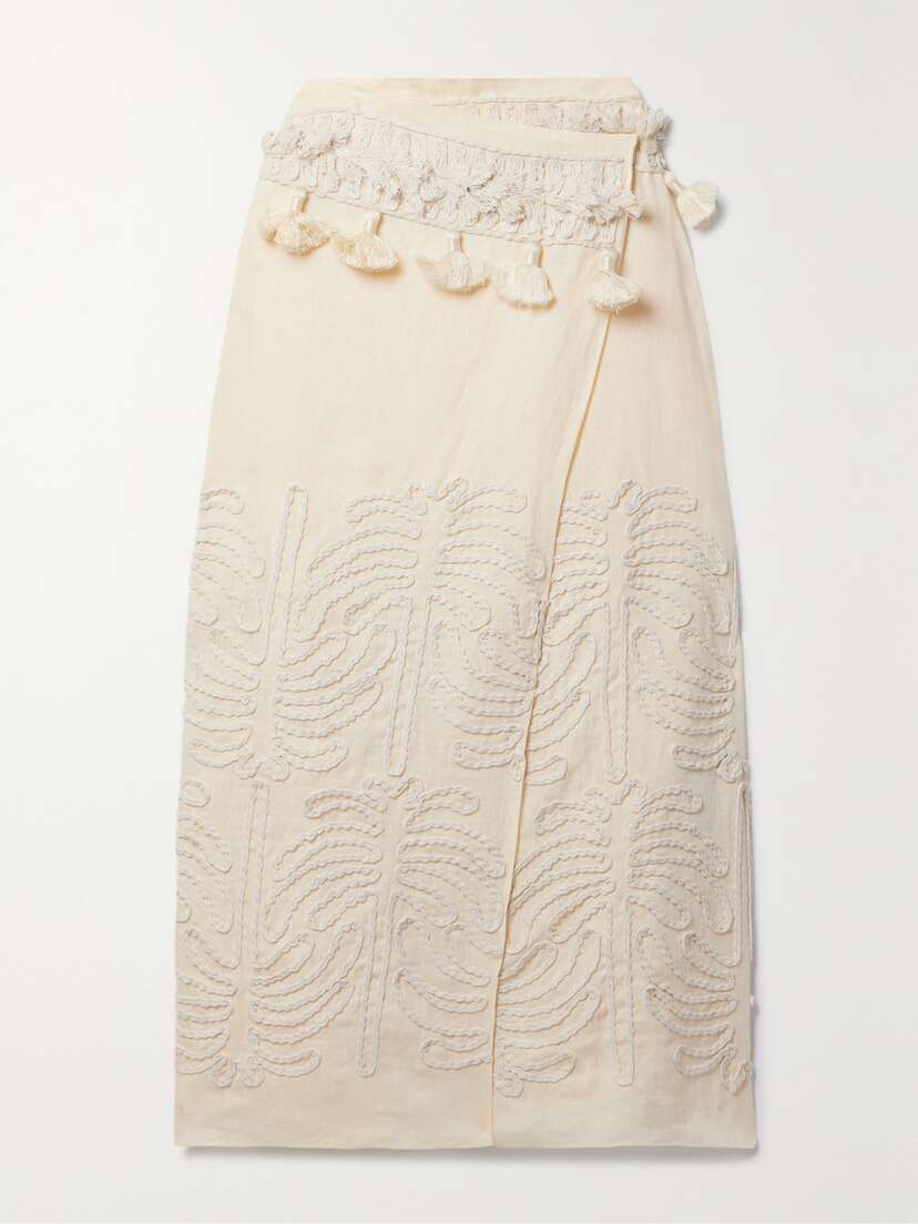 Johanna Ortiz + Net Sustain Tansania Sun Tassled Embroiderd Linen And Cotton-blend Midi Wrap Skirt