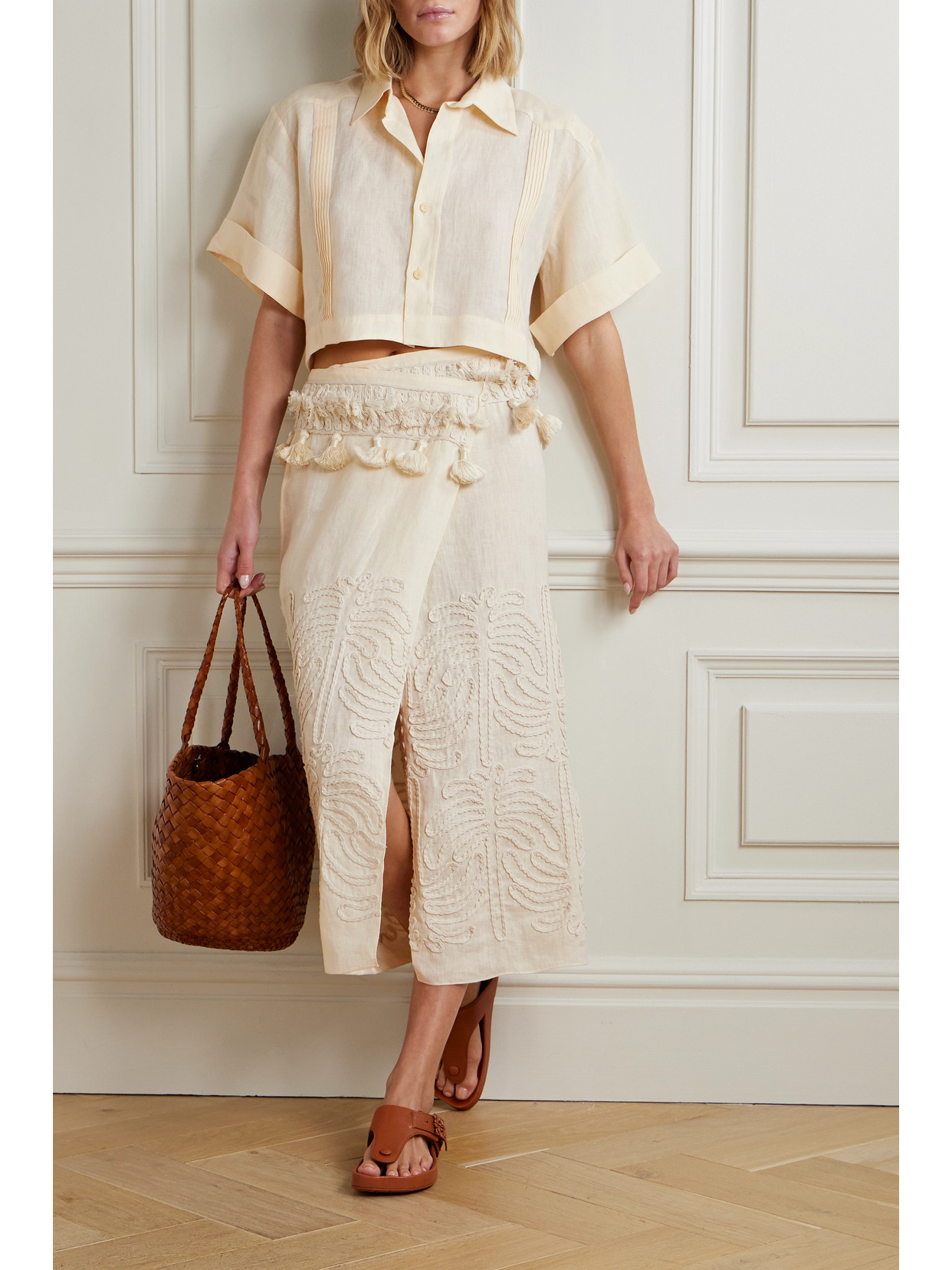 Shop Johanna Ortiz + Net Sustain Tansania Sun Tassled Embroiderd Linen And Cotton-blend Midi Wrap Skirt In Ecru