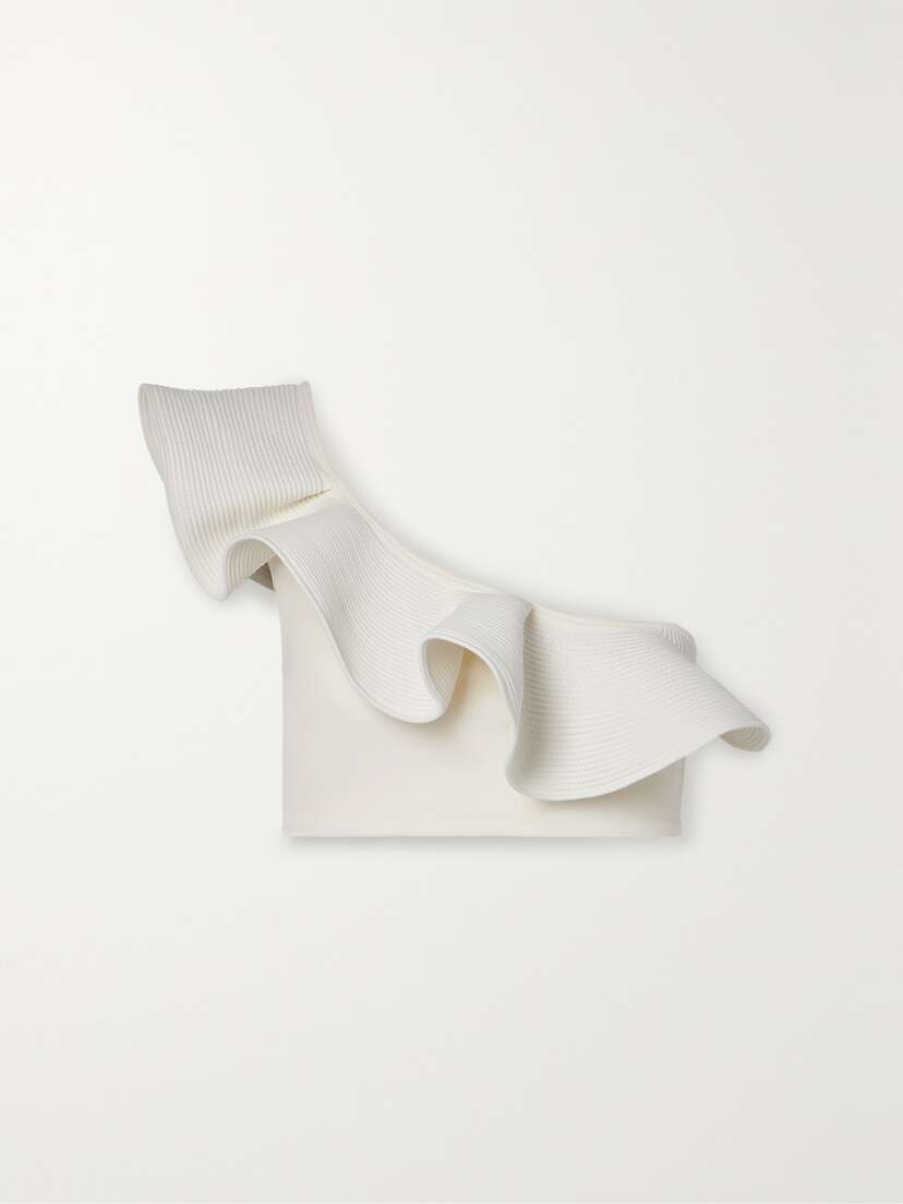 Johanna Ortiz + Net Sustain Marine One-shoulder Ruffled Ribbed Bikini Top - x large