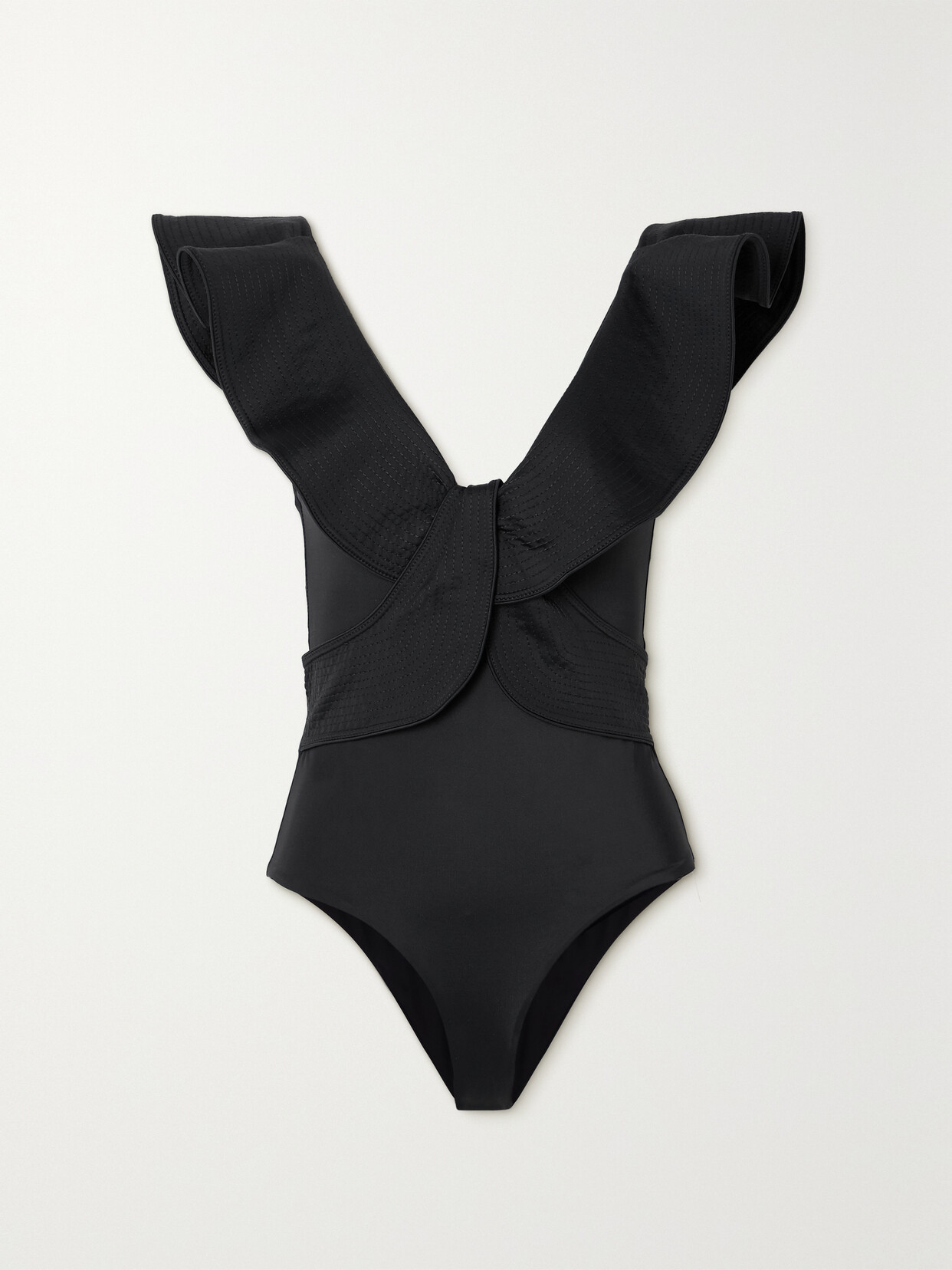 Johanna Ortiz + Net Sustain Island Rhythms Open-back Ruffled Swimsuit In Black