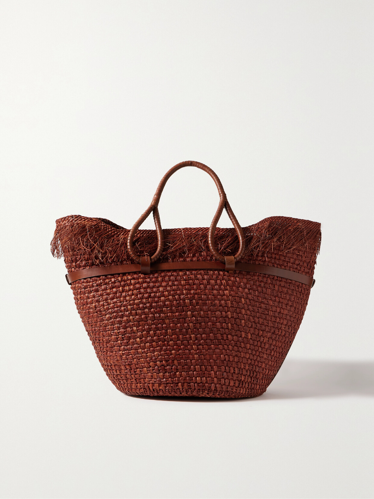 Johanna Ortiz + Net Sustain Leather-trimmed Fringed Woven Straw Tote In Brown