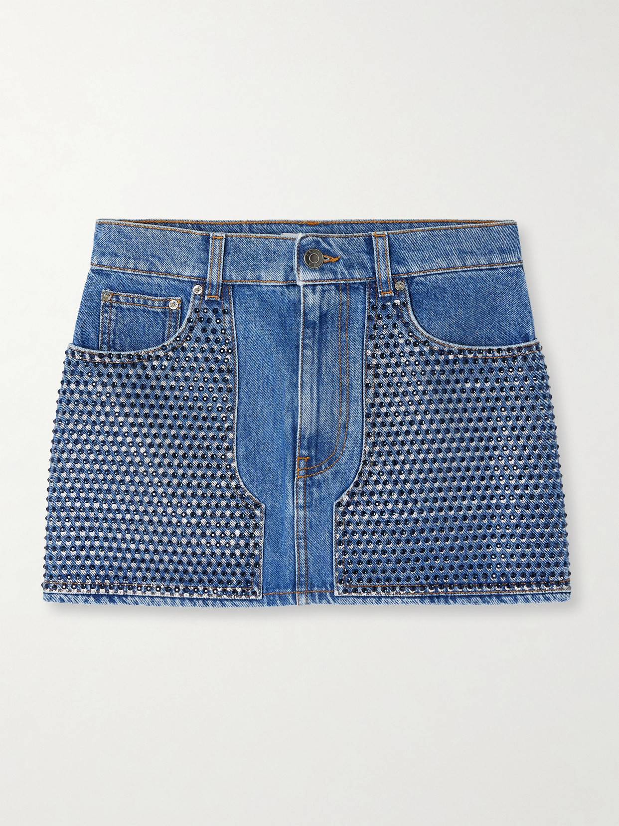 Shop Area Crystal-embellished Printed Denim Mini Skirt In Blue