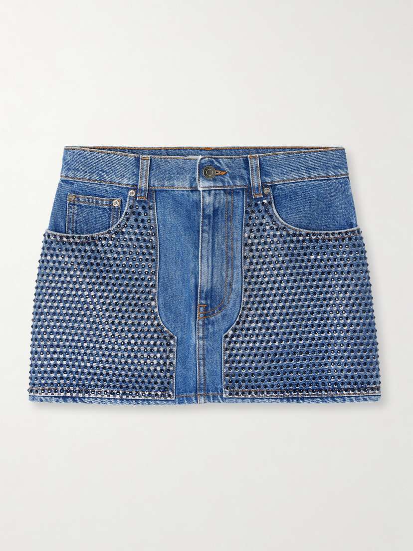 AREA Crystal-embellished Printed Denim Mini Skirt