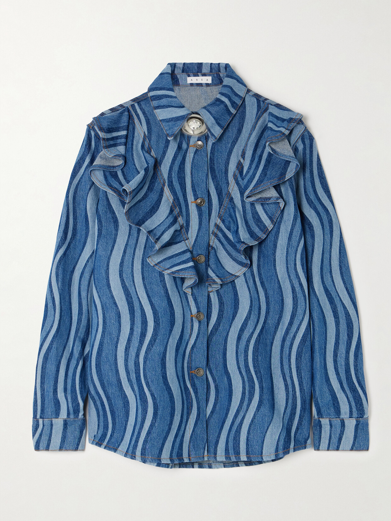 AREA - Sunray Embellished Printed Ruffled Denim Shirt - Blue