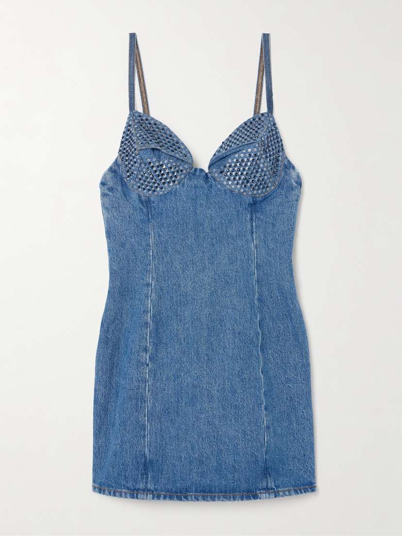 AREA Crystal-embellished Polka-dot Denim Mini Dress
