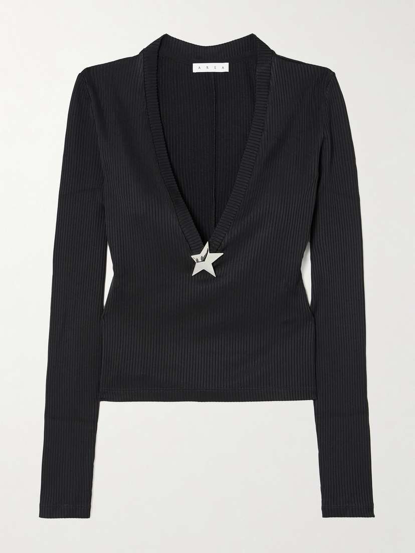 AREA Embellished Ribbed-jersey Top