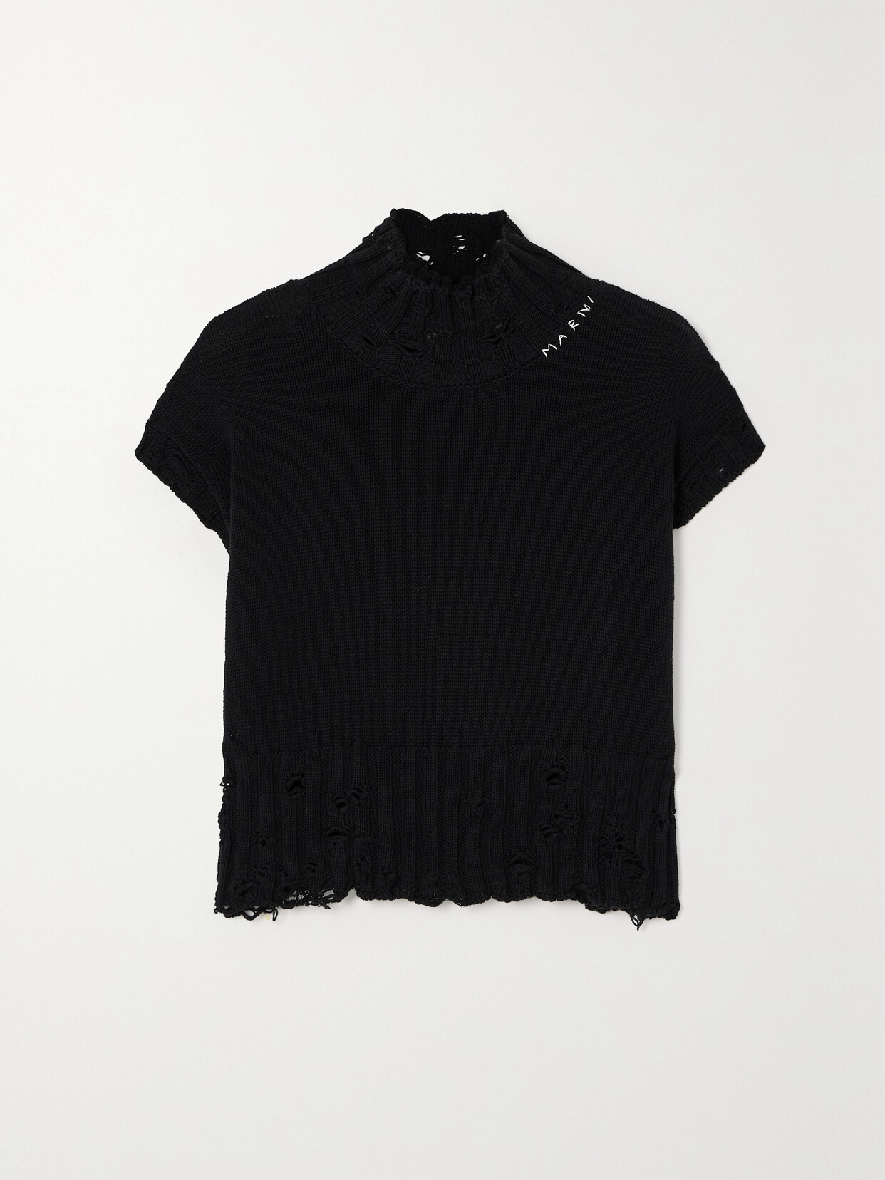 Shop Marni Cropped Distressed Embroidered Cotton Turtleneck Vest In Black