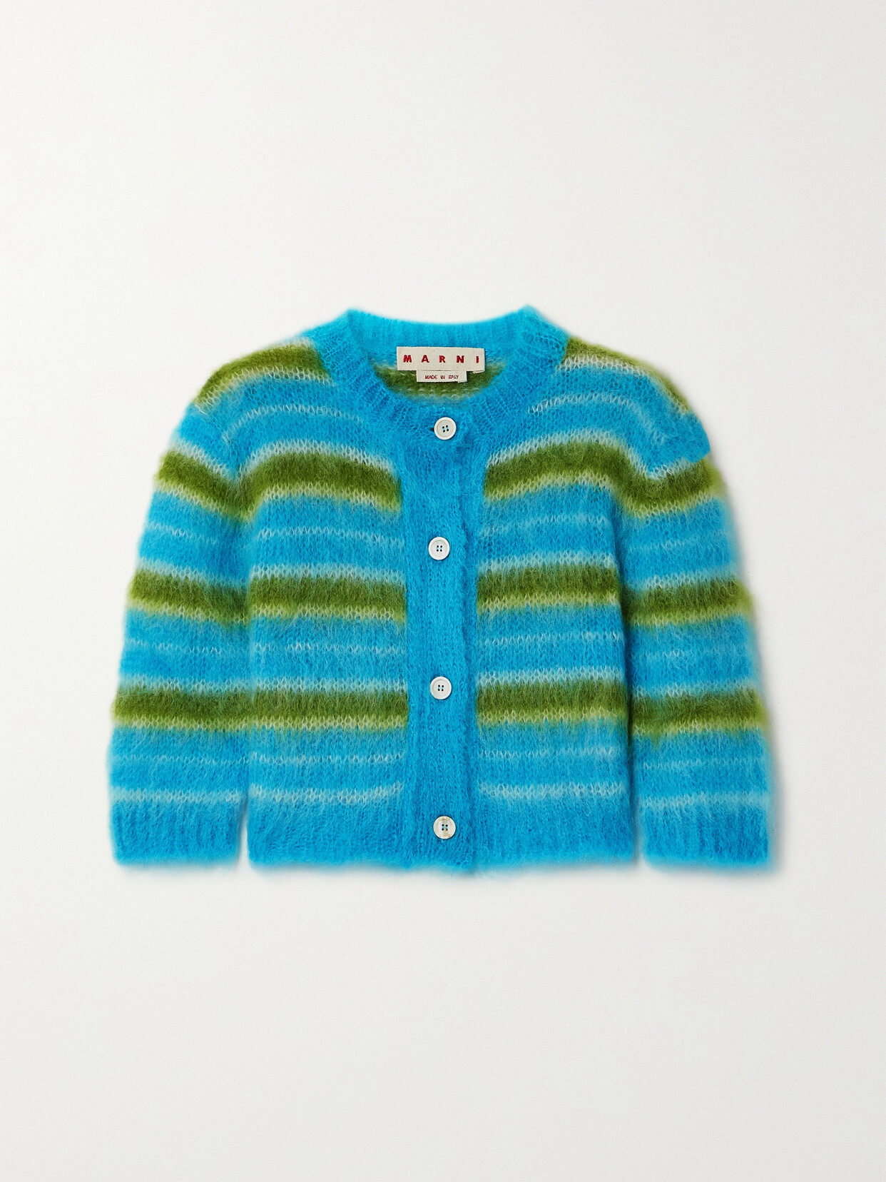 Shop Marni Cropped Striped Mohair-blend Cardigan In Blue