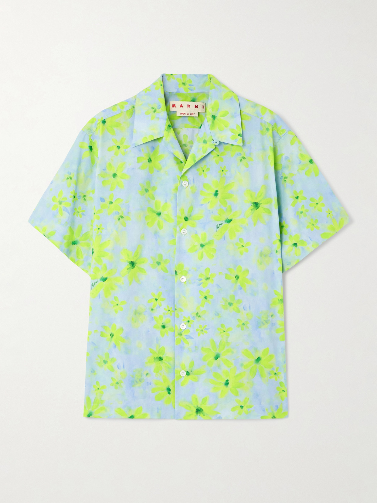 Shop Marni Floral-print Cotton-poplin Shirt In Blue