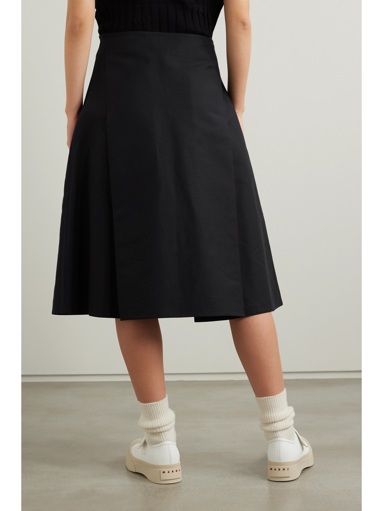 Shop Marni Pleated Cotton Midi Skirt In Black