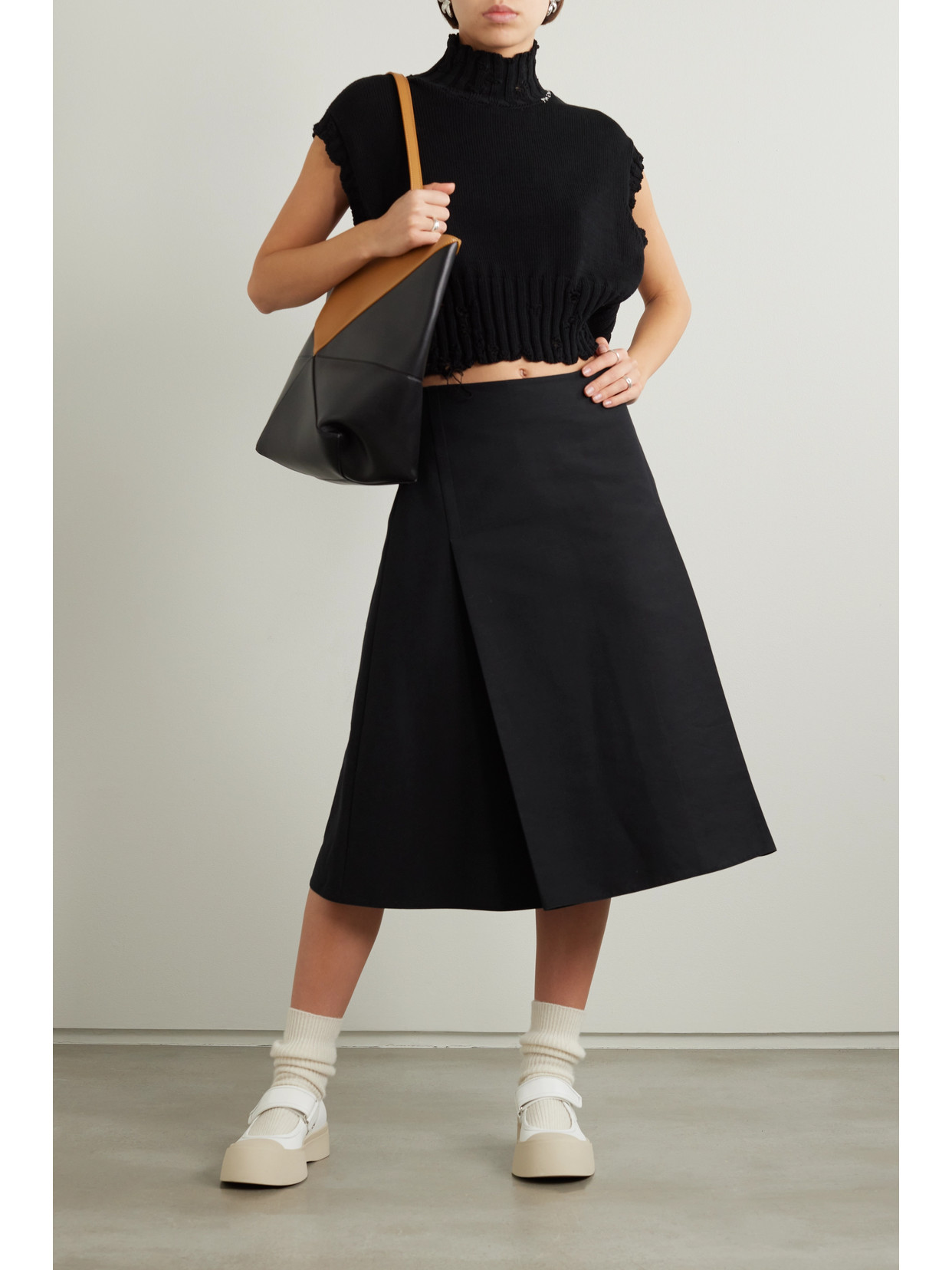 Shop Marni Pleated Cotton Midi Skirt In Black