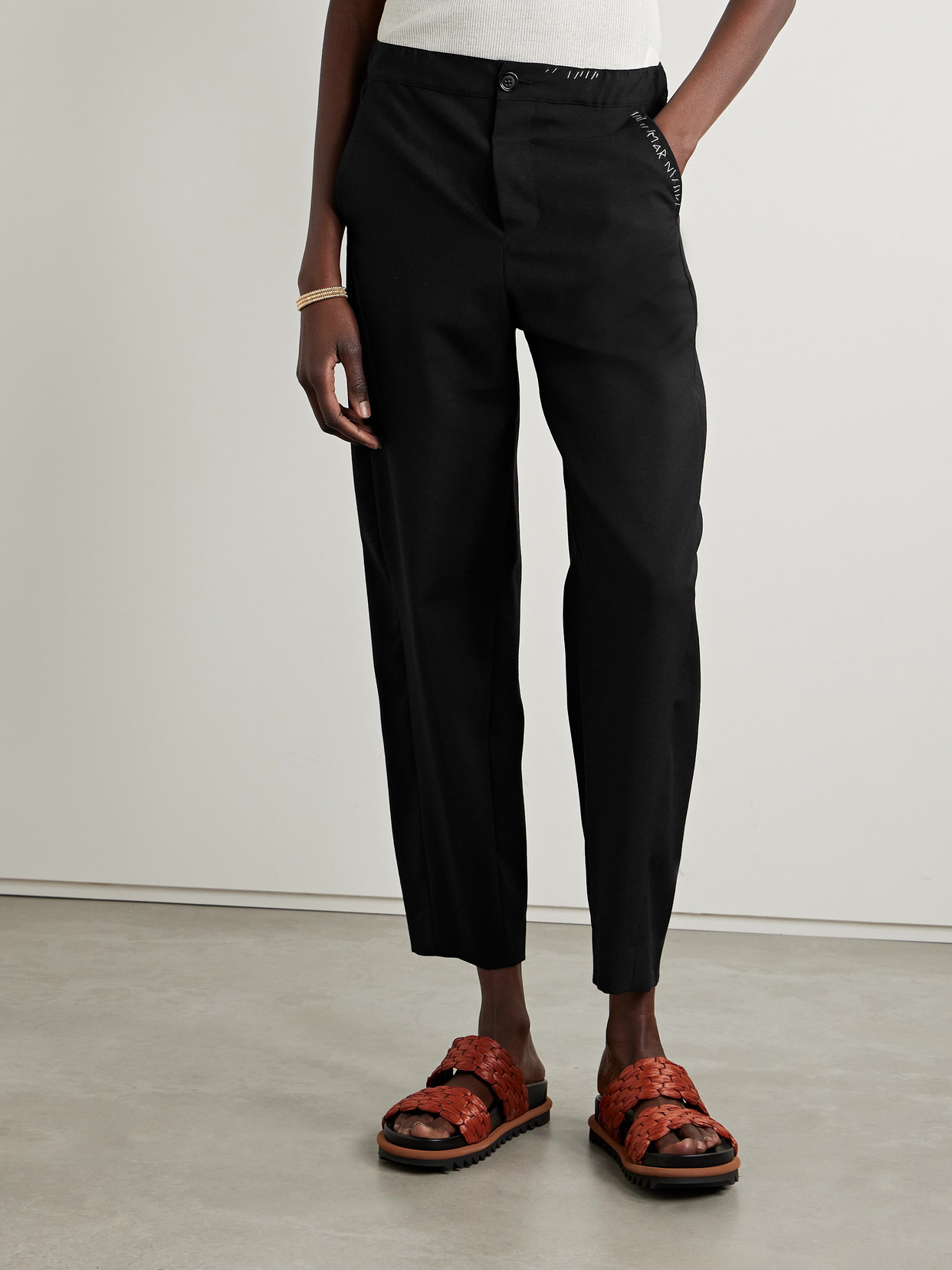 Shop Marni Embroidered Wool Tapered Pants In Black