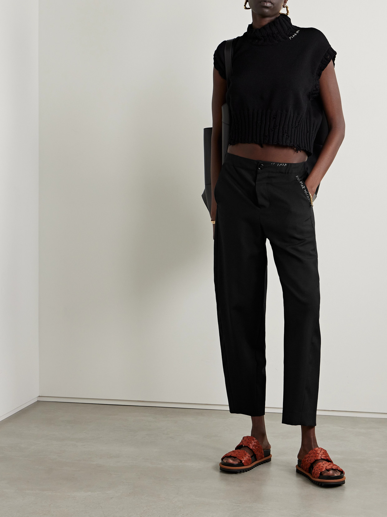 Shop Marni Embroidered Wool Tapered Pants In Black