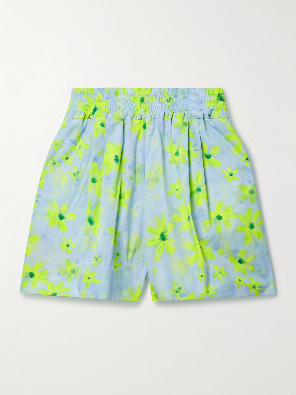 Marni Pleated Floral-print Cotton-poplin Shorts In Blue