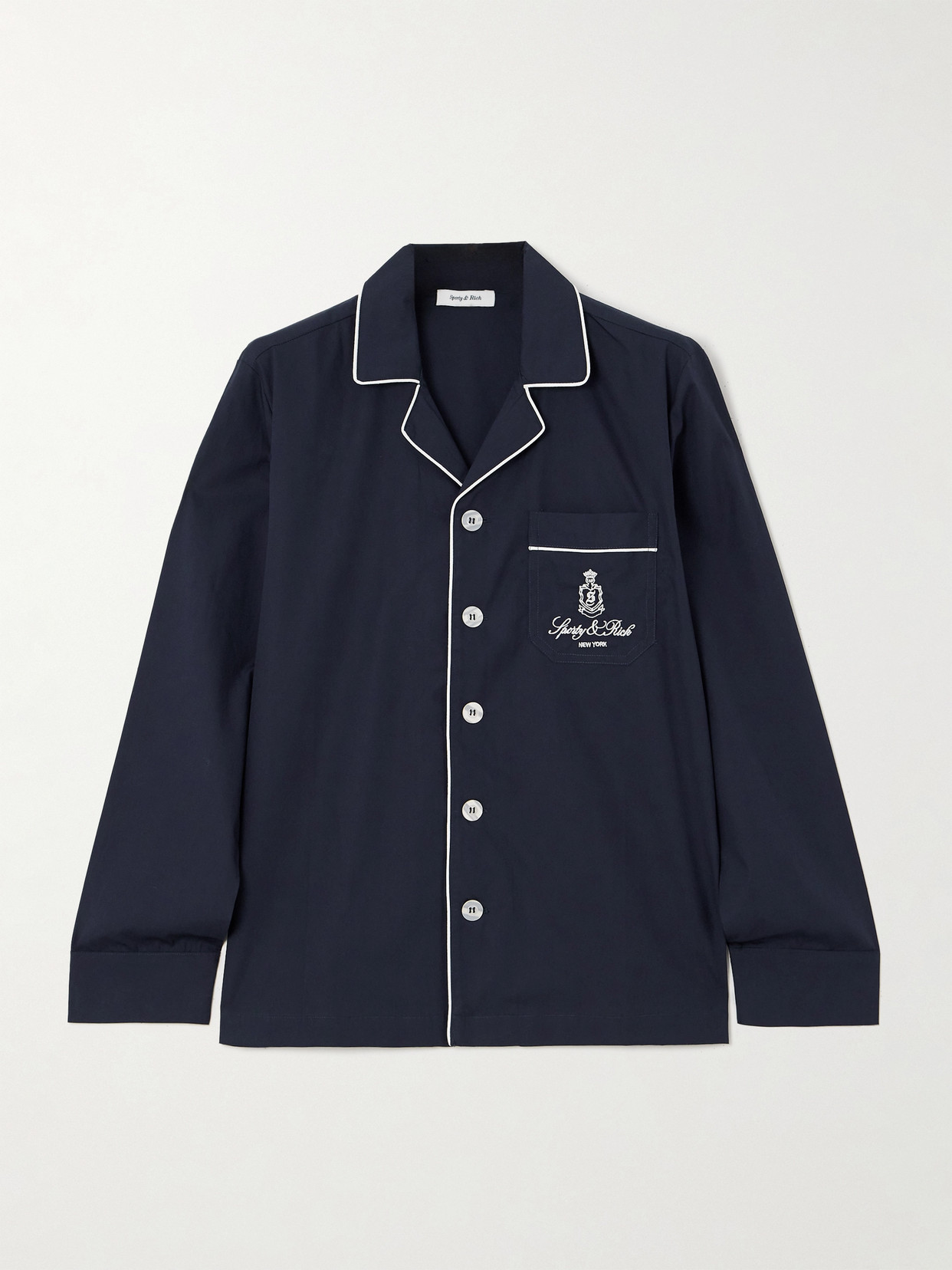 Sporty And Rich Vendome Embroidered Cotton-poplin Pajama Shirt In Blue