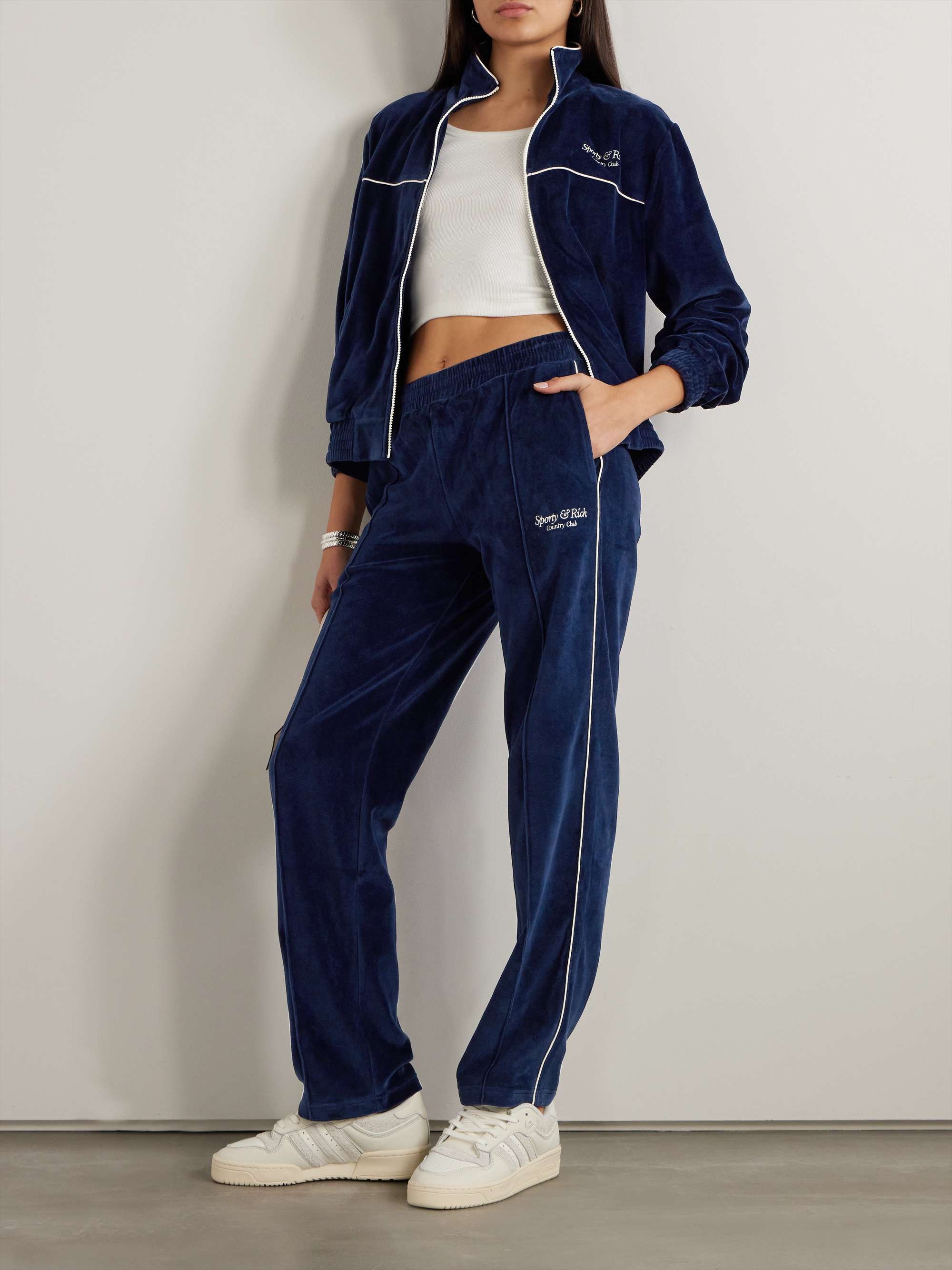 Embroidered cotton-velour track pants