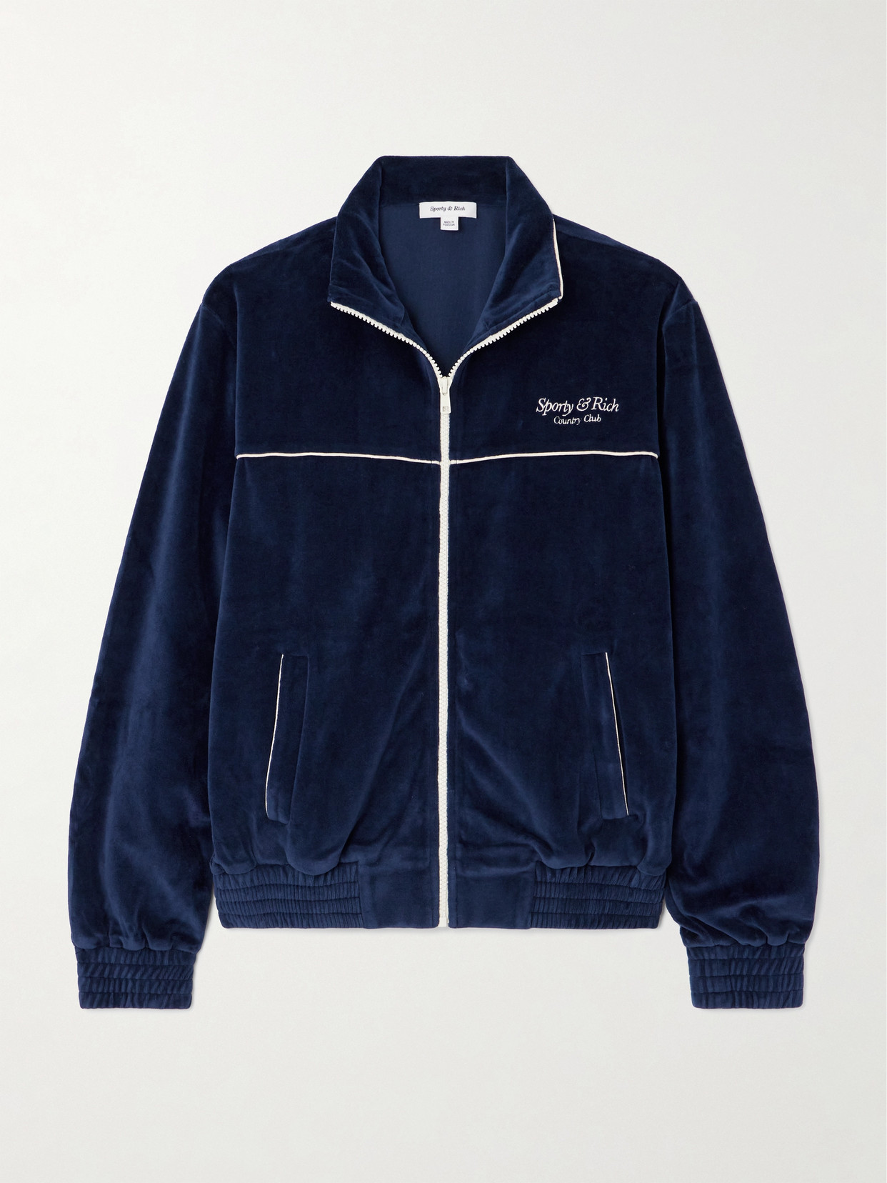 Shop Sporty And Rich Script Embroidered Cotton-velour Track Jacket In Blue