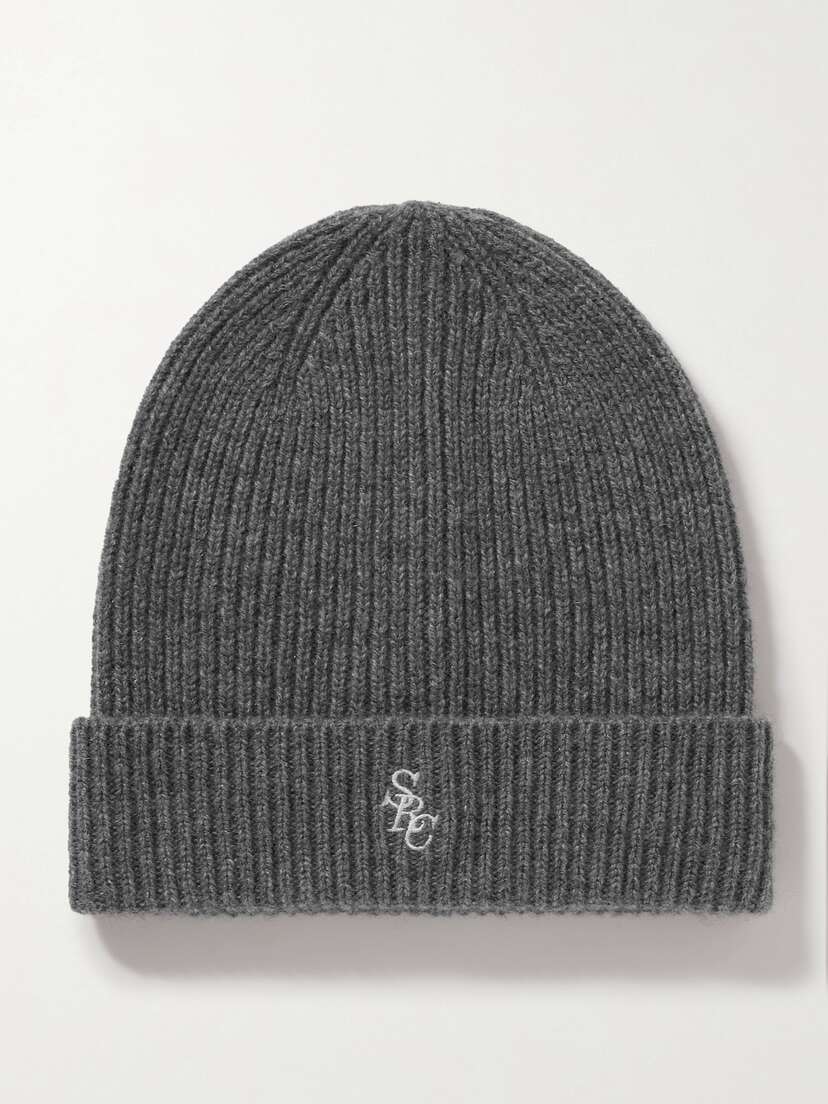 Sporty & Rich Embroidered Ribbed Cashmere Beanie