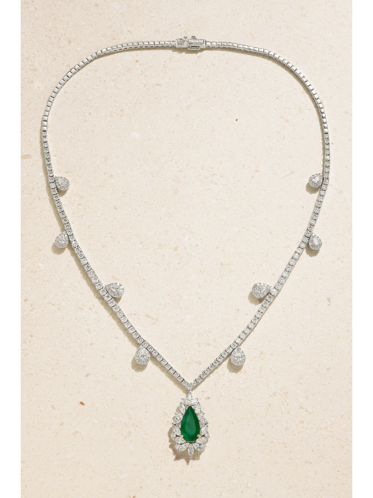 Yeprem 18-karat White Gold, Diamond And Emerald Necklace In Metallic