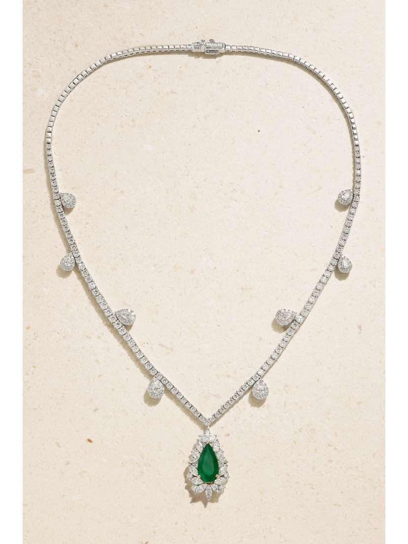 YEPREM 18-karat White Gold, Diamond And Emerald Necklace