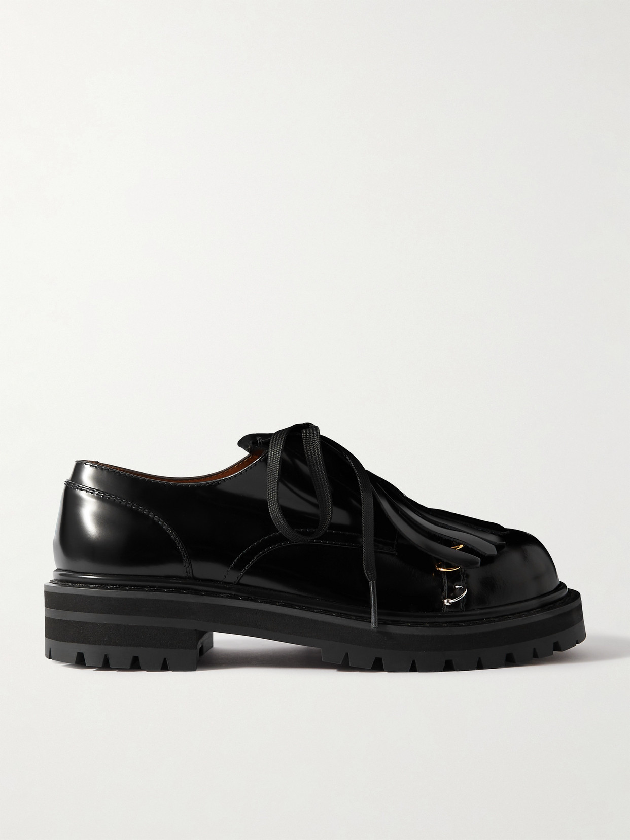 Shop Marni Dada Embellished Fringed Glossed-leather Derby Shoes In Black