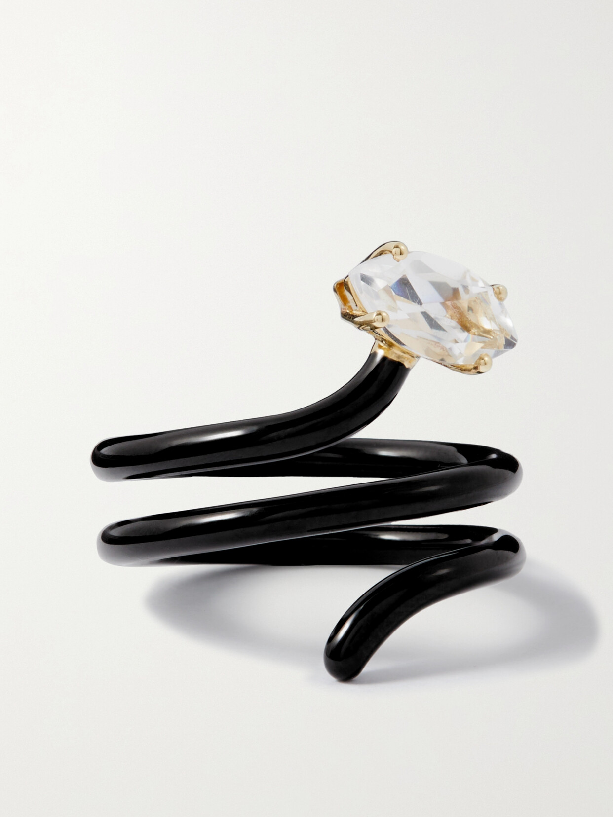 Bea Bongiasca Long Vine 9-karat Gold, Sterling Silver, Rock Crystal And Enamel Ring - Black