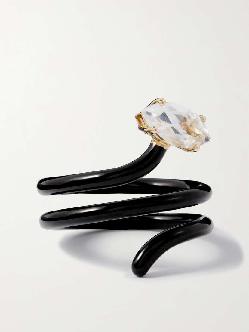 Bea Bongiasca Long Vine 9-karat Gold, Sterling Silver, Rock Crystal And Enamel Ring