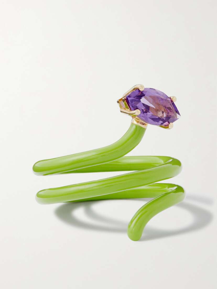 Bea Bongiasca Long Vine 9-karat Gold, Silver, Enamel And Amethyst Ring
