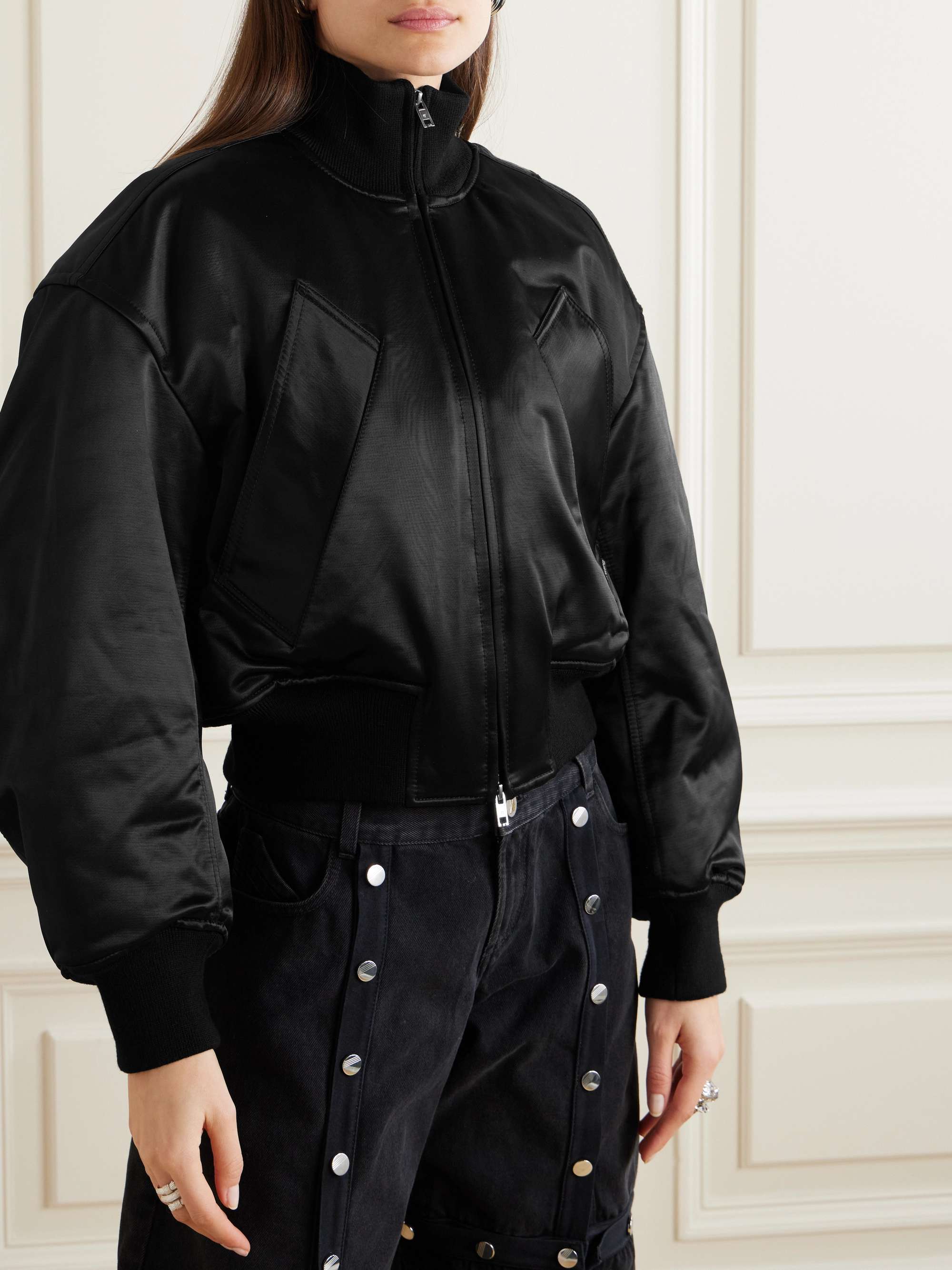 Cropped padded cotton blend satin bomber jacket black xx small