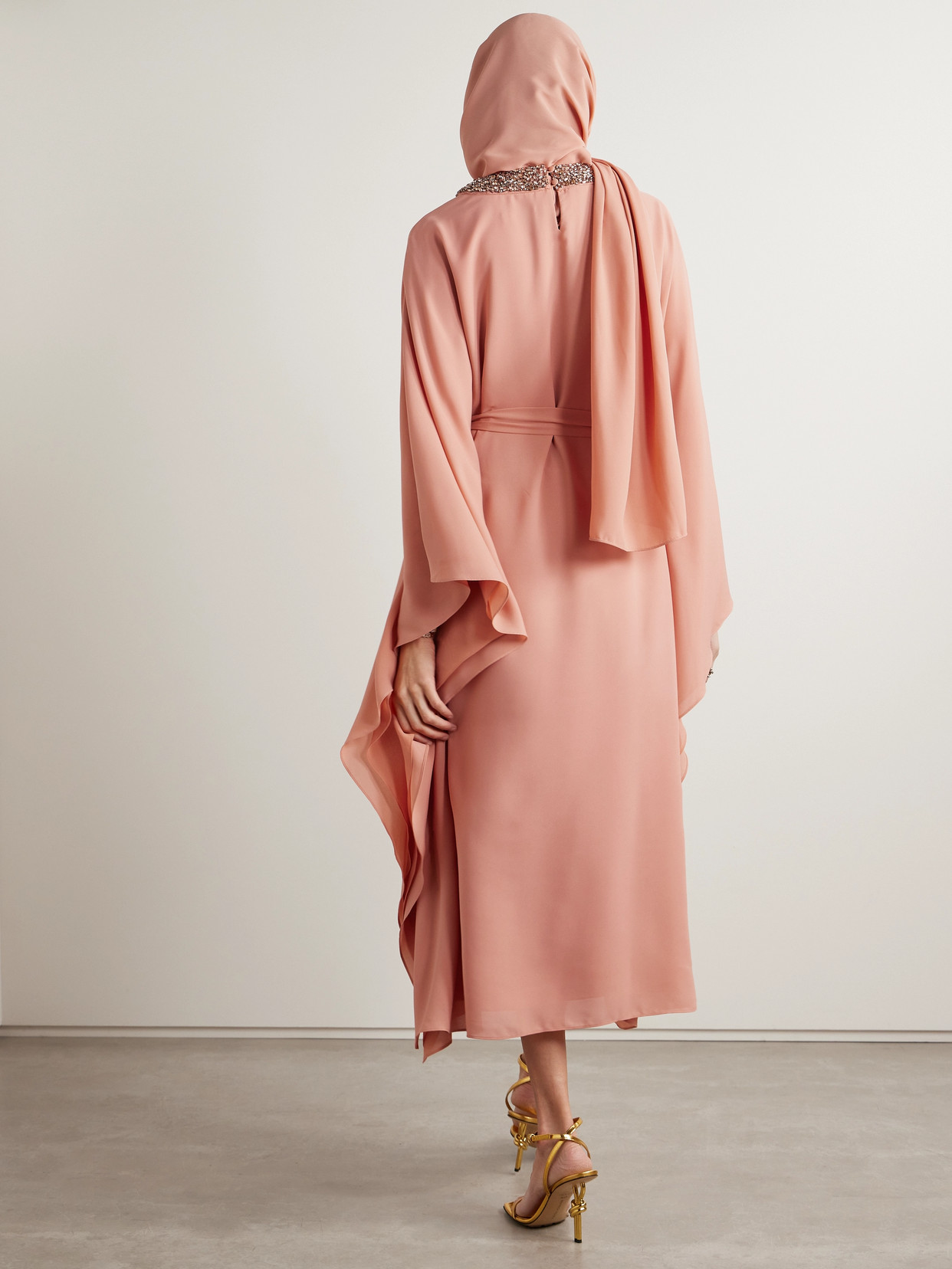 Shop Simkhai Belted Crystal-embellished Crepe Kaftan In Pink