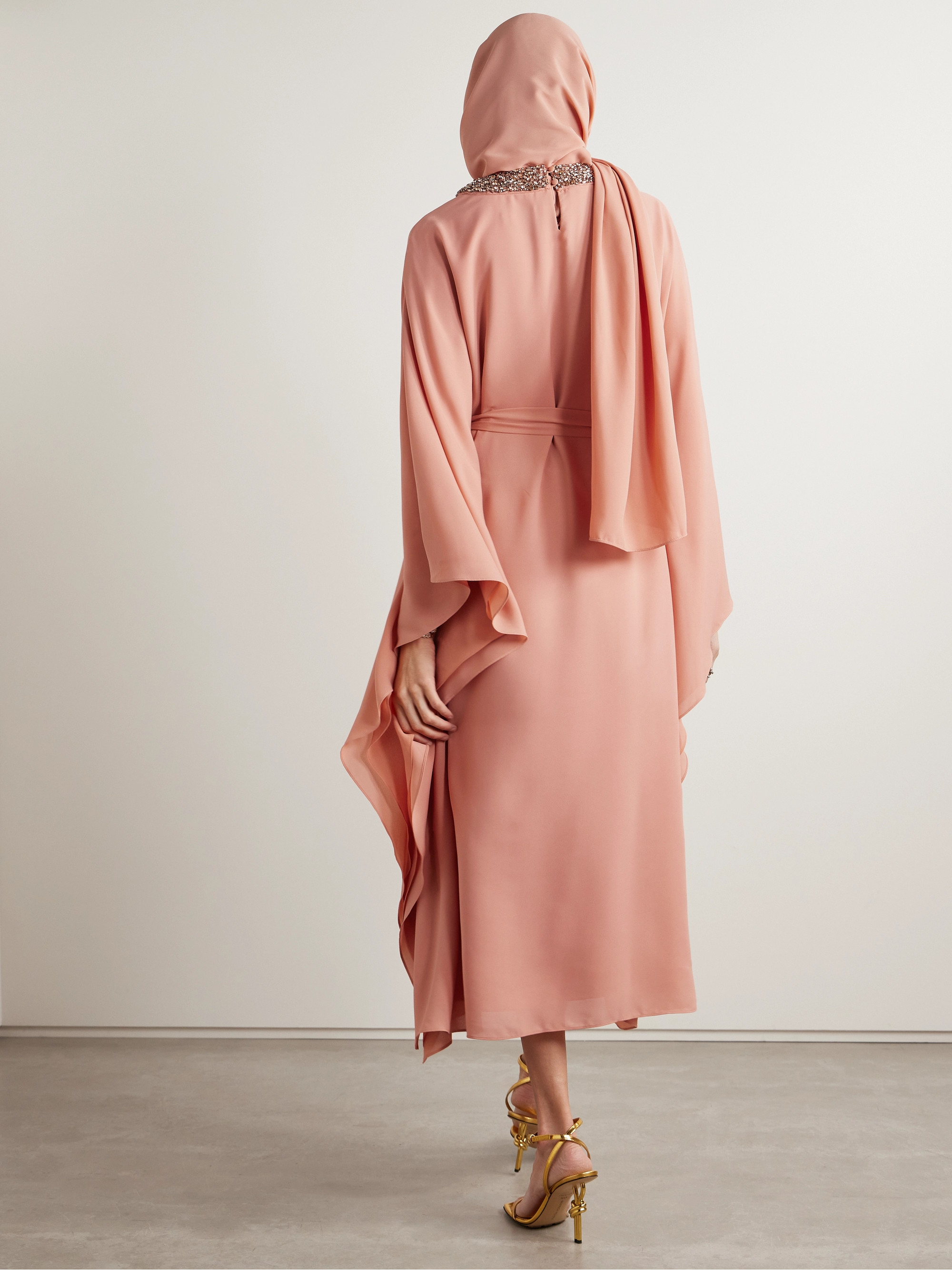 SIMKHAI Belted crystal-embellished crepe kaftan