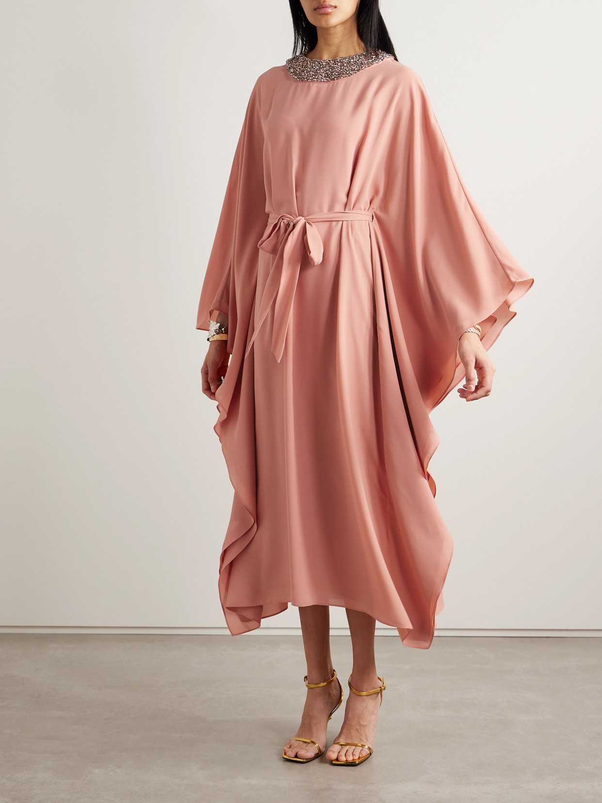 Shop Simkhai Belted Crystal-embellished Crepe Kaftan In Pink